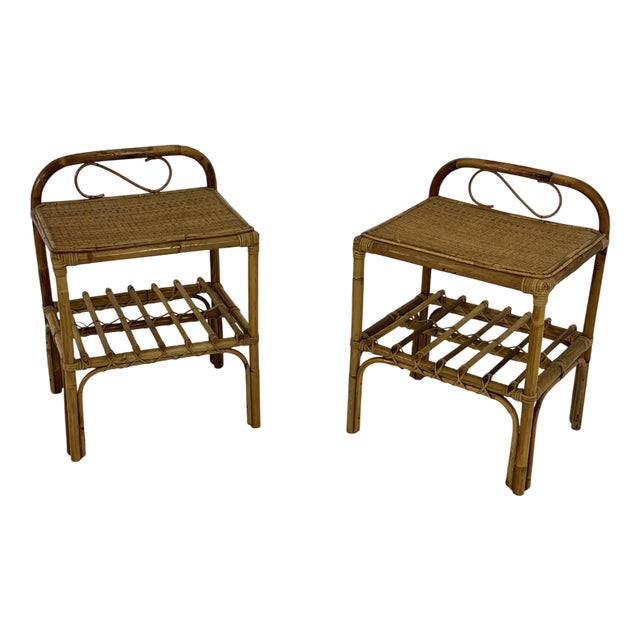 Set of Italian Rattan and Bamboo Bedside Tables, 1960s For Sale