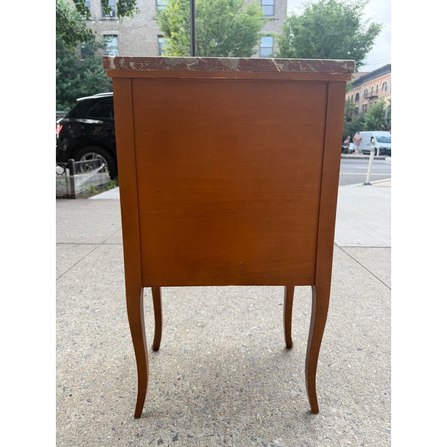 Brown Pair Vintage Louis XV Marble Top Nightstands | Hand-Painted Details | Brass Mounts For Sale - Image 8 of 8