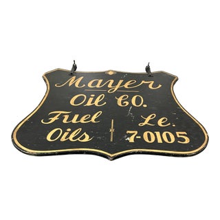 Mayer Oil Co..Black Painted Wood Gold Leaf Wood Gasoline Petrol Sign For Sale