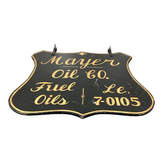 Mayer Oil Co..Black Painted Wood Gold Leaf Wood Gasoline Petrol Sign For Sale