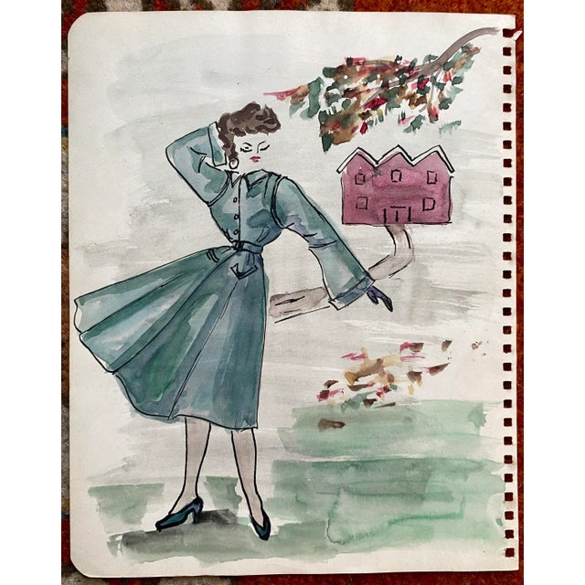 1950s MCM painting of a lady in a coat out side a house in an autumn landscape. By San Francisco artist Virginia Spencer....