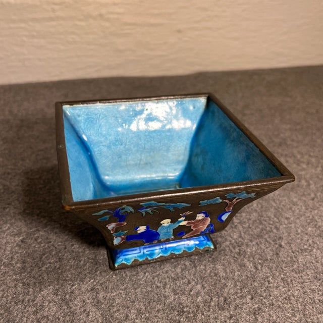 Sky Blue Antique Chinese Cloisonné Square Enameled Bowl For Sale - Image 8 of 9