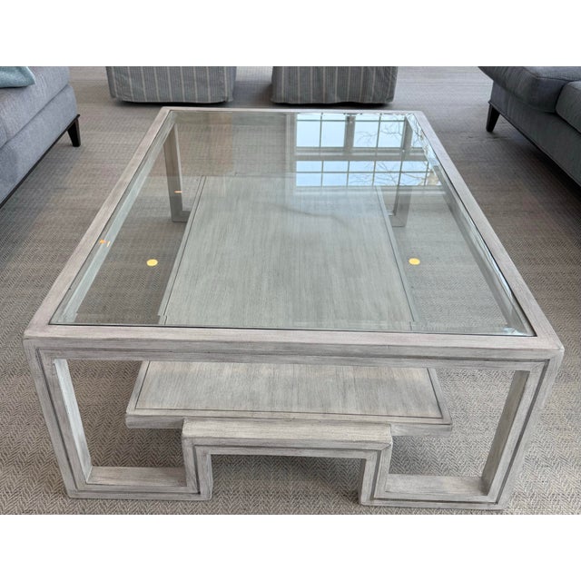 Transitional White Two Tier Glass Coffee Table For Sale - Image 3 of 8