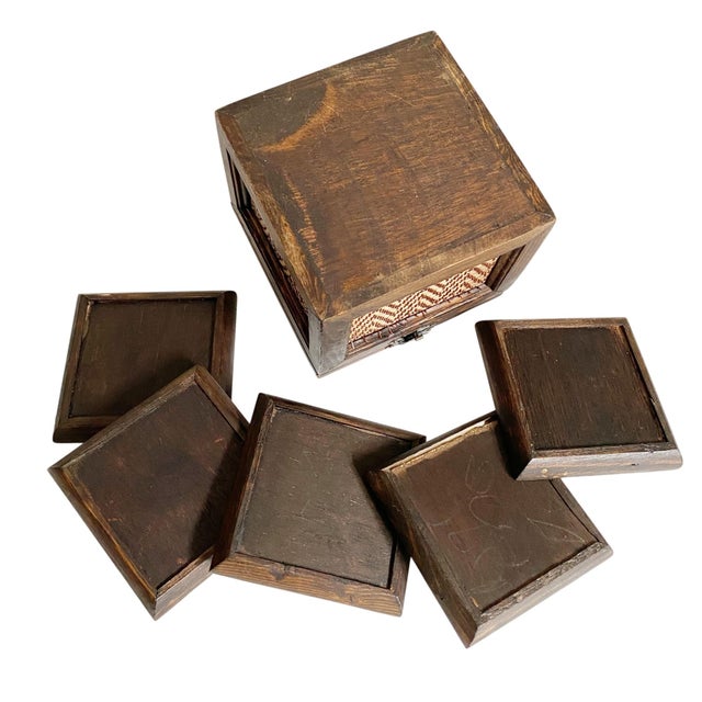 Mid-Century Modern Vintage Thai Woven Wooden Box With Elephants | 5 Coasters For Sale - Image 3 of 4