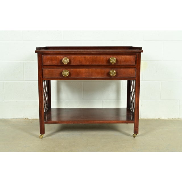 English Baker Furniture Historic Charleston Chippendale Carved Mahogany Rolling Buffet Server or Bar Cart For Sale - Image 3 of 11