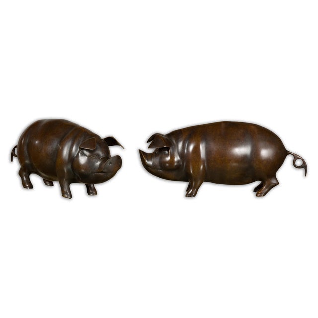 Mid 20th Century Pair of American Midcentury Bronze Pig Sculptures in Dark Patina For Sale - Image 5 of 12