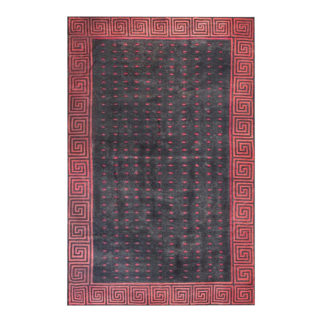 1920s Black Geometric Antique Indian Cotton Dhurrie Rug 8'3" X 12'9" Flatweave Carpet For Sale