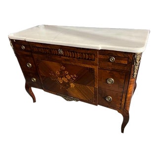 Late 19th Century Antique Marble Top French Commode Satinwood Marquetry Inlay For Sale