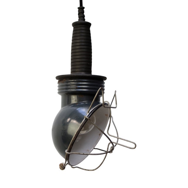 Vintage Industrial Blue Enamel Work Pendant Lamp For Sale