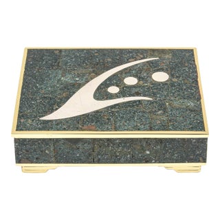 Vintage Sigi Pieneda Hinged Box With Brass, Rosewood, Silver, Sodalite, Turquoise Crushed Stone 1950's For Sale