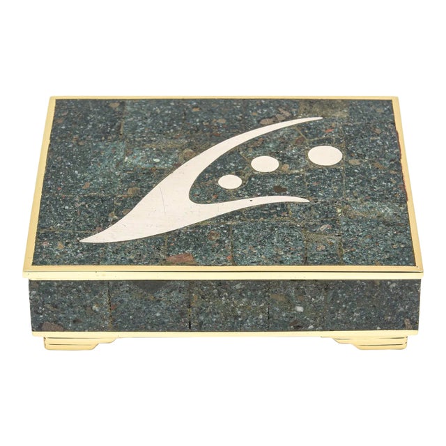 Vintage Sigi Pieneda Hinged Box With Brass, Rosewood, Silver, Sodalite, Turquoise Crushed Stone 1950's For Sale