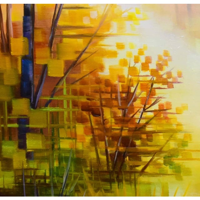 Golden Light by Michelle Condrat | Oil On Board Autumn landscape with bright yellow light and trees. For Sale - Image 4 of 5