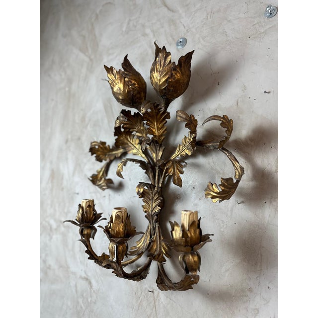An elegant pair of Italian wall sconces in gilded brass, dating from the 1950s, in the style of the renowned Banci Firenze...