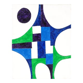 Abstract Geometric Composition in Green, Blue, White, and Purple For Sale