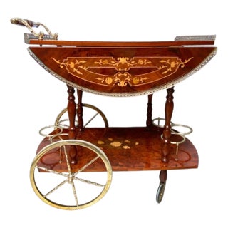 1960s Vintage Hollywood Regency Italian Folding‑Leaf Bar Cart in Wood & Brass For Sale