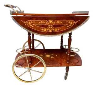 1960s Vintage Hollywood Regency Italian Folding‑Leaf Bar Cart in Wood & Brass