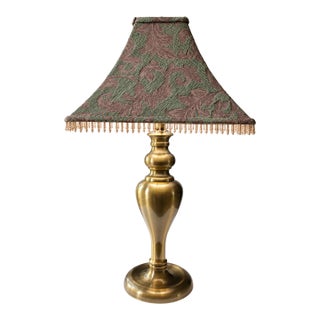 Vintage Brass Table Lamp With Green & Burgundy Damask Shade, Beaded Fringe, Ornate Traditional European Style, Decorative Accent Lighting For Sale