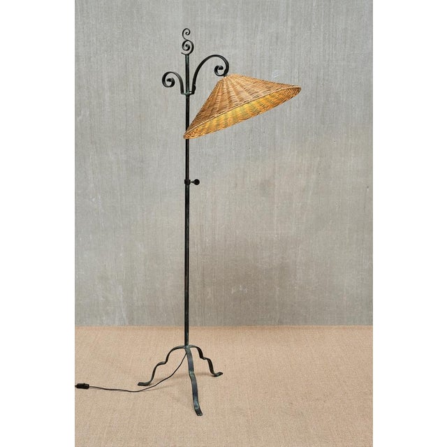 Wrought Iron Floor Lamp with Rattan Shade by Harald Notini, Böhlmarks, Sweden, 1930s For Sale - Image 14 of 17