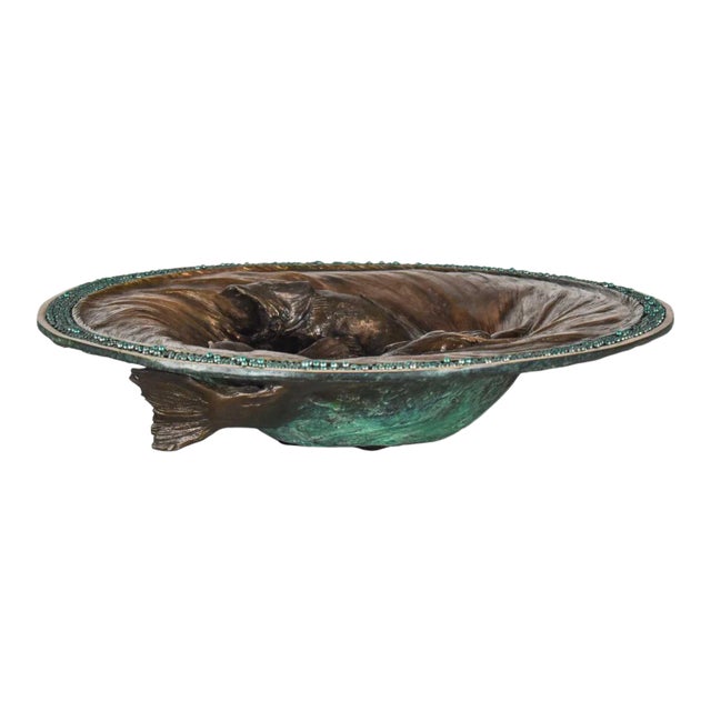 Organic Modern Cast Bronze Bowl Sculpture With Fish Design by John Forsythe For Sale