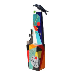 "Crowing at the Moon" by Michael Gustavson, Large Raku Ceramic Totem Sculpture on Stone Base, Contemporary California Art, Vibrant Colors For Sale