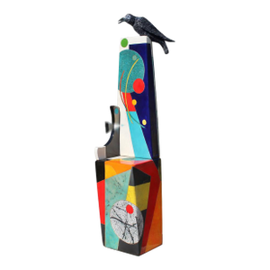 "Crowing at the Moon" by Michael Gustavson, Large Raku Ceramic Totem Sculpture on Stone Base, Contemporary California Art, Vibrant Colors
