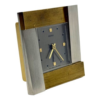 French Brutalist Steel and Brass Table Clock from Seiko, Japan, 1980s For Sale