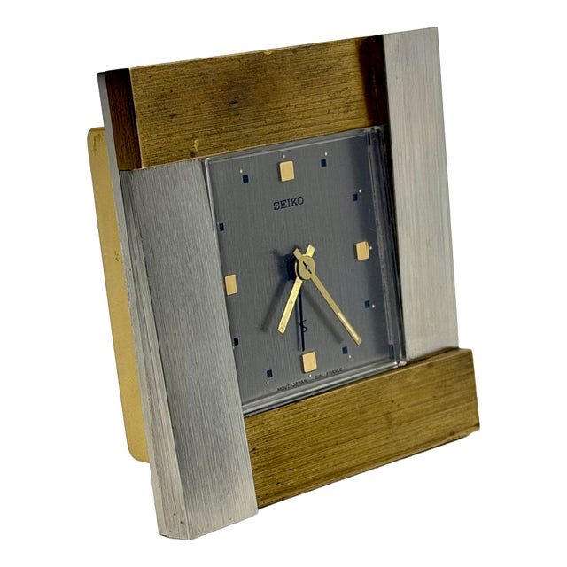 French Brutalist Steel and Brass Table Clock from Seiko, Japan, 1980s For Sale