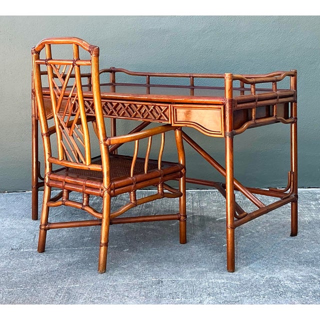 Wood Vintage Brown Jordan Fretwork Rattan Writing Desk and Chair For Sale - Image 7 of 12