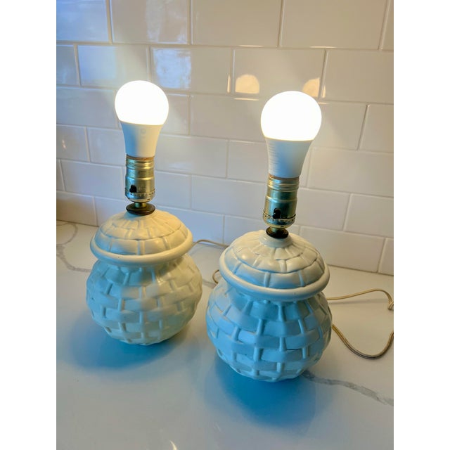 Midcentury Petite Basket Weave Ceramic Lamps- a Pair For Sale - Image 10 of 10