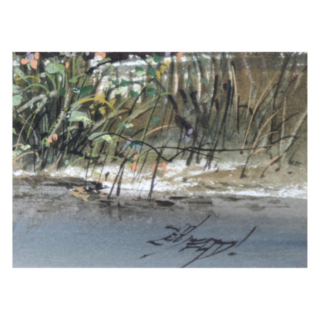 Mid 20th Century "Geese in Flight" Landscape Painting by Ead Surachai, Framed For Sale - Image 4 of 4