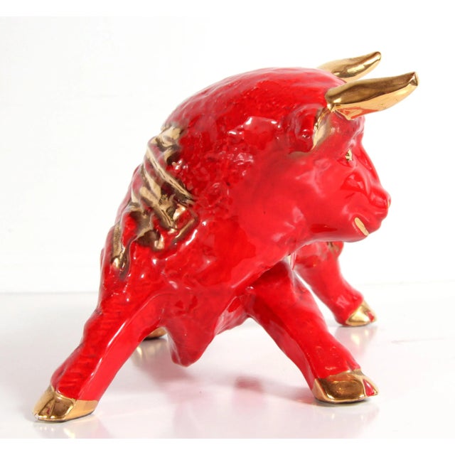 Mid-Century Modern Vintage California Art Pottery Red & Gold Ceramic Bull Figure by Maurice For Sale - Image 3 of 10