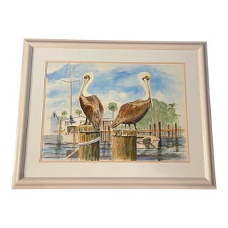 Late 20th Century Large Coastal Pelican Watercolor Painting, Framed, 41 X 32 For Sale