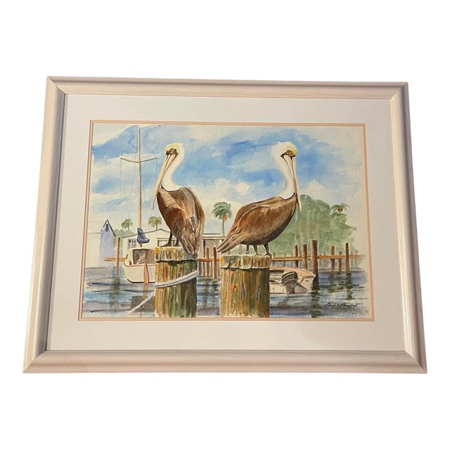 Late 20th Century Large Coastal Pelican Watercolor Painting, Framed, 41 X 32 For Sale