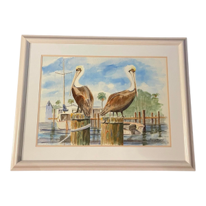 Late 20th Century Large Coastal Pelican Watercolor Painting, Framed, 41 X 32