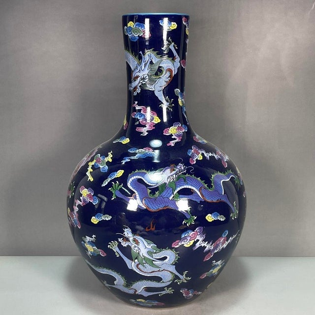 Large Chinese Dark Blue Glazed Porcelain Dragon Vase - 16" Tall For Sale - Image 4 of 9