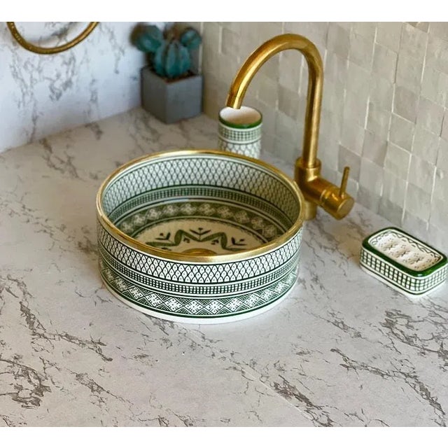 Ceramic Countertop Handmade Sink for Bathroom With Brass Rim For Sale - Image 4 of 8