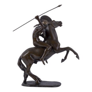 Circa 1900 Art Deco Friedrich Gornik Horseman With Spear Bronze Sculpture With Foundry Mark For Sale