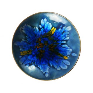 Vintage Mid-Century Blue Floral Enamel Plate For Sale