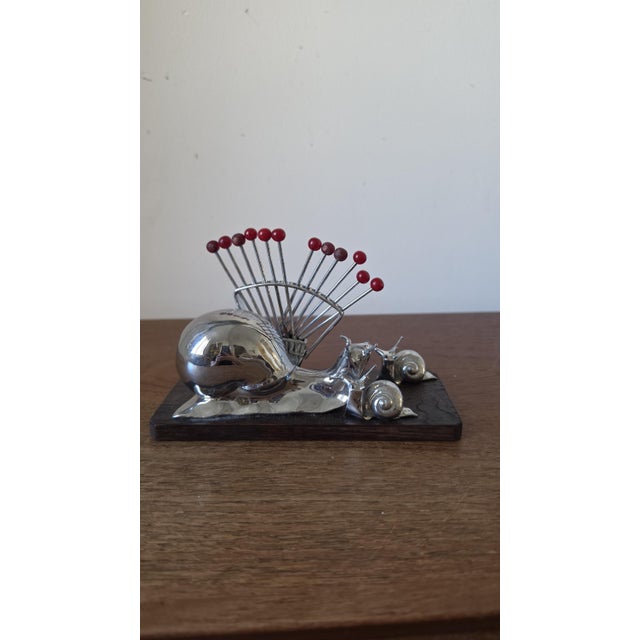 Mid 20th Century Vintage Snail Cocktail Pick Holder Mid Century Barware Chrome Snail Toothpick Holder Atomic Era Martini Olive Picks For Sale - Image 5 of 9