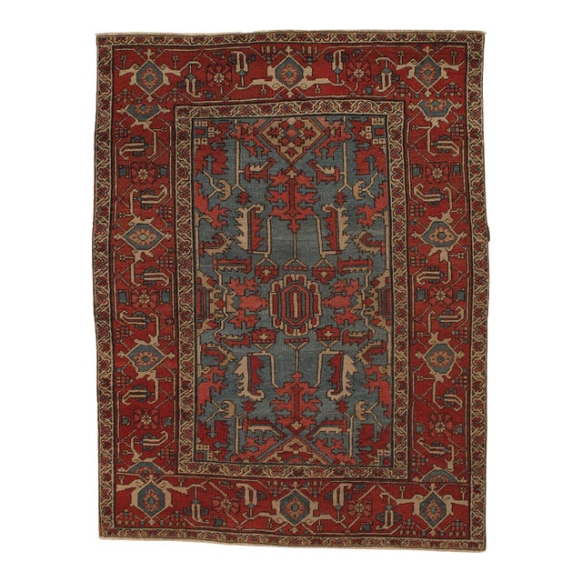 Antique Persian Serapi Carpet Handmade Wool Oriental Rug Rust, Ivory, Light Blue For Sale