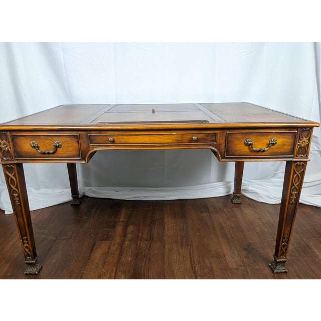Late 20th Century Theodore Alexander Regency Style Mahogany & Leather Writing Desk With Carved Ribbon Motif Legs For Sale - Image 10 of 18