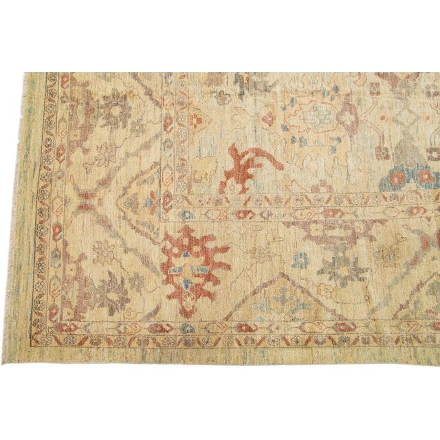 Beige & Blue Modern Sultanabad Handmade Floral Designed Wool Rug For Sale - Image 4 of 7