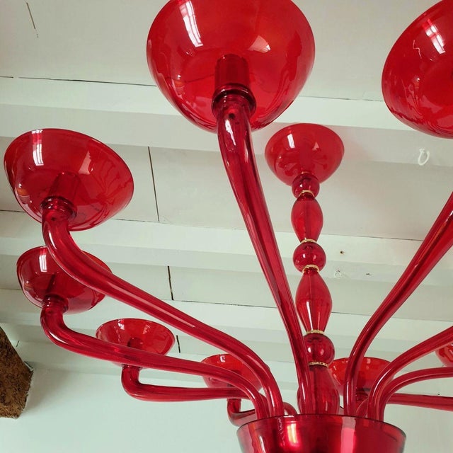 Metal Large Red Murano Glass Chandelier Italy 1980s For Sale - Image 7 of 11