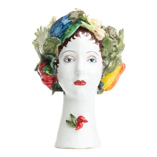 Head Vase Sculpture with Vegetables, Ceramiche D'arte Dolfi For Sale