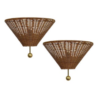 Mid-Century Rattan and Brass Wall Lights, Austria, 1960s, Set of 2 For Sale