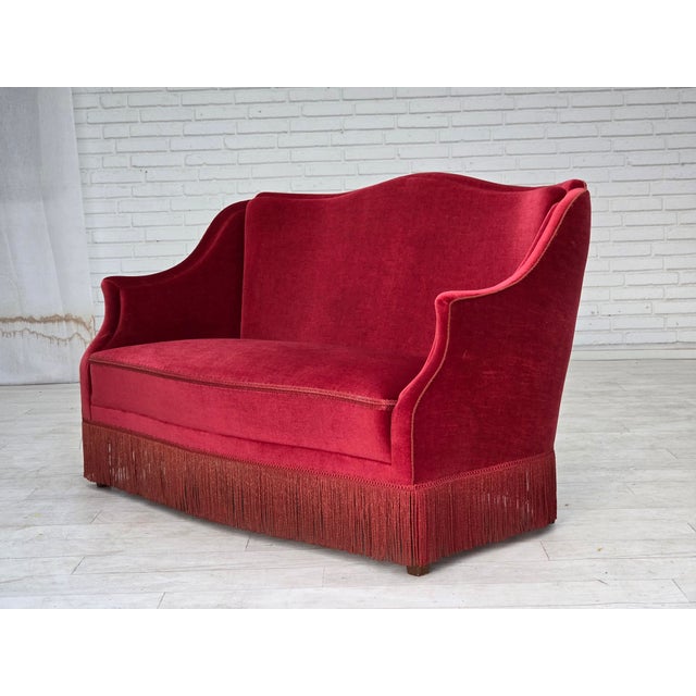 Danish 2-Seater Sofa in Red Velour with Ash Legs, 1970s For Sale - Image 15 of 18