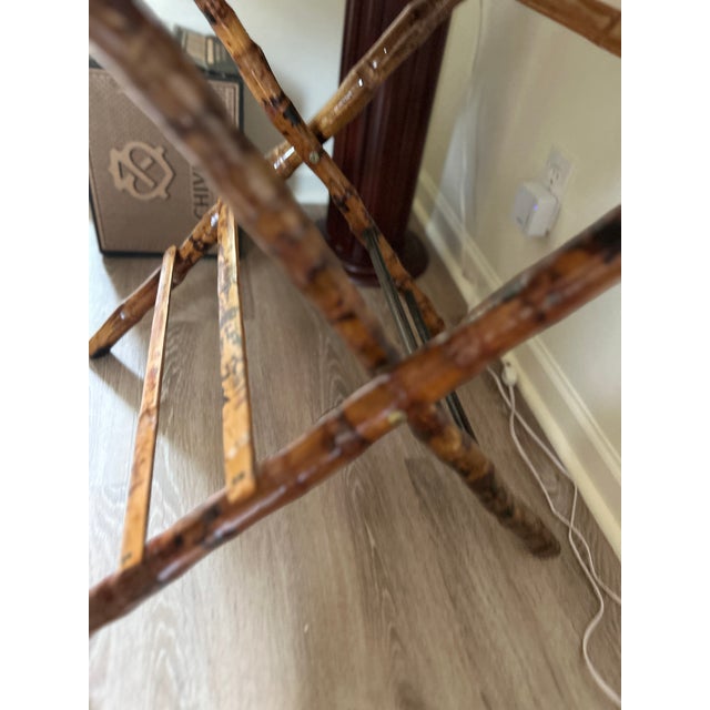 Wood Vintage Handcrafted Square Tiger Bamboo Bistro Folding Game Center Table X-Base For Sale - Image 7 of 16