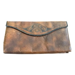 Antique Meeker Made Hand Tooled Floral Leather Handbag Art Nouveau For Sale