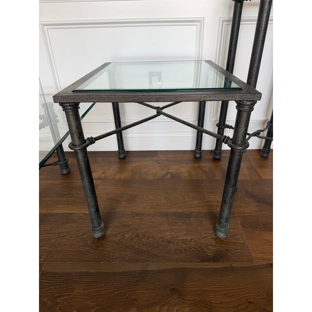 An effortlessly cool three-piece vintage table set featuring a sculptural faux-bamboo iron base paired with thick beveled...