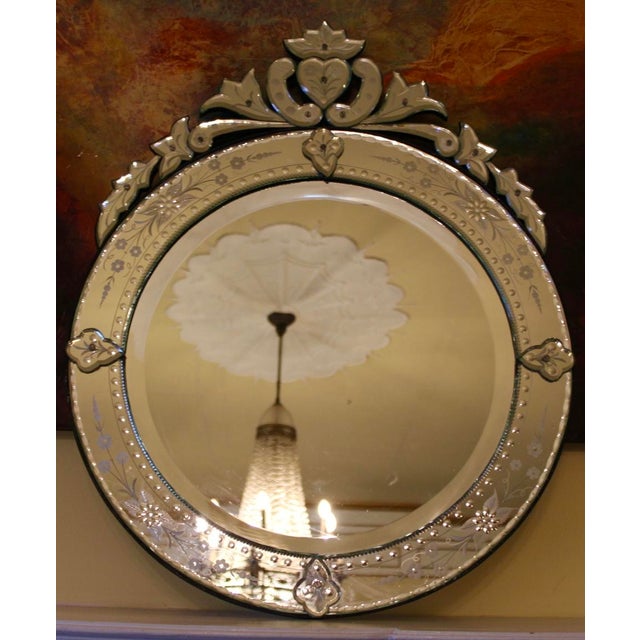 VTG Venetian Murano Glass Mirror Etched Floral Round Italy, 28.5" T X 22.5" W For Sale In Dallas - Image 6 of 10